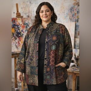 Tapestry Jewel Toned Jacket | Mandarin Collar | Statement Brocade | Plus Size 3X